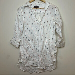 FOR CYNTHIA BEACHWEAR Linen Novelty Seahorse Print Beach Coverup Tunic